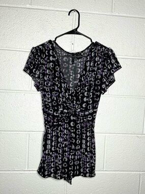 < Y2K New Directions Purple/Black Circle Pattern Tie Back Blouse >
